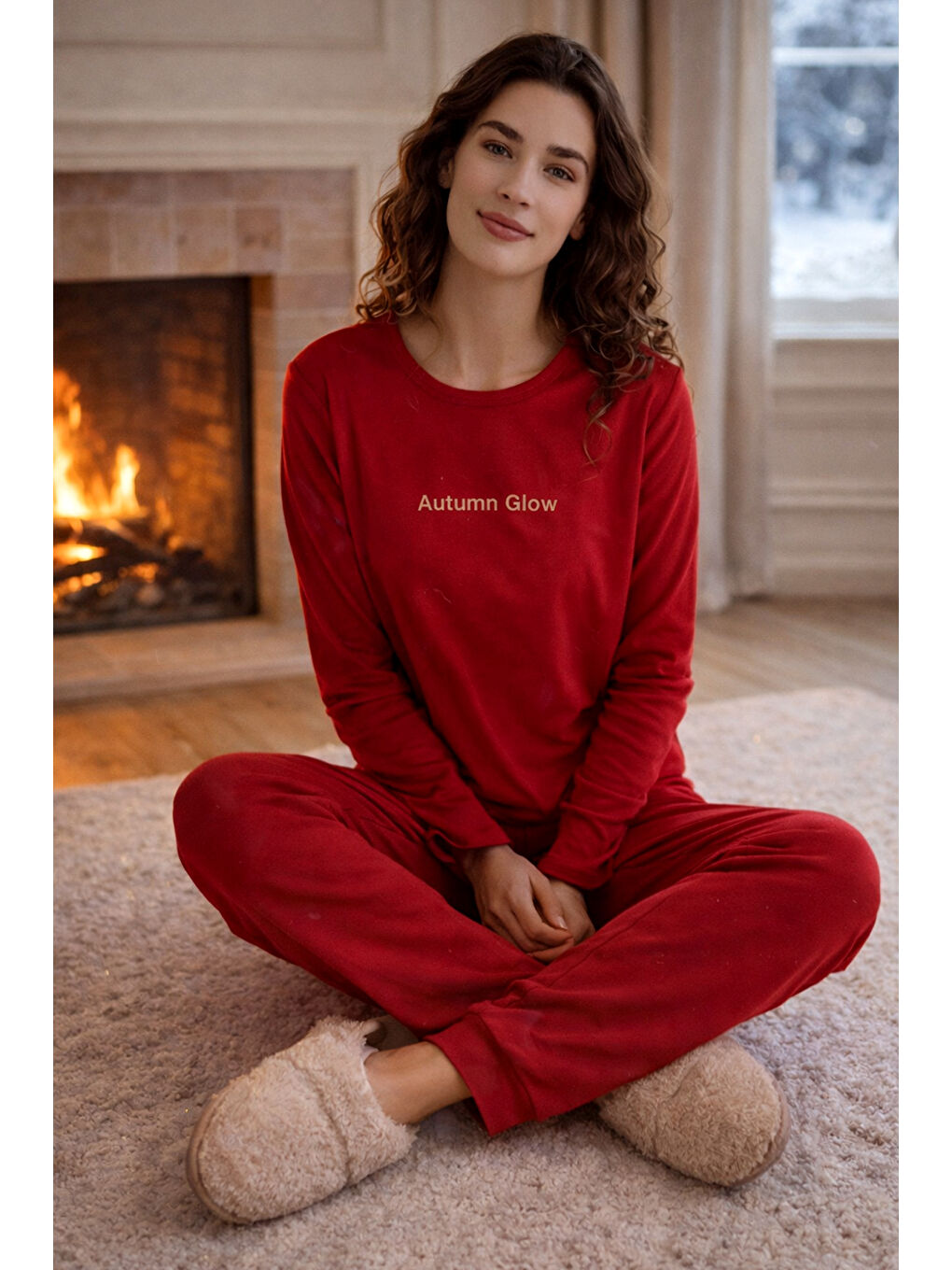 Kadın Kadife Kumaş Pijama Takımı 13165-2892 Kırmızı-2