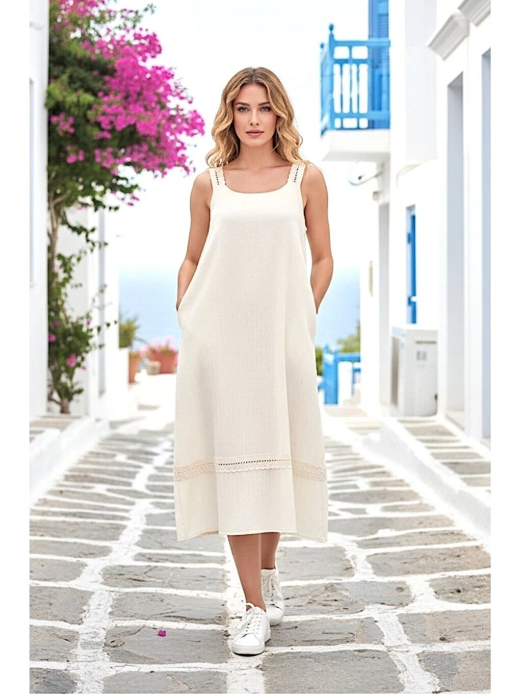 Ekru Askılı Askısı Dantelli Keten Elbise