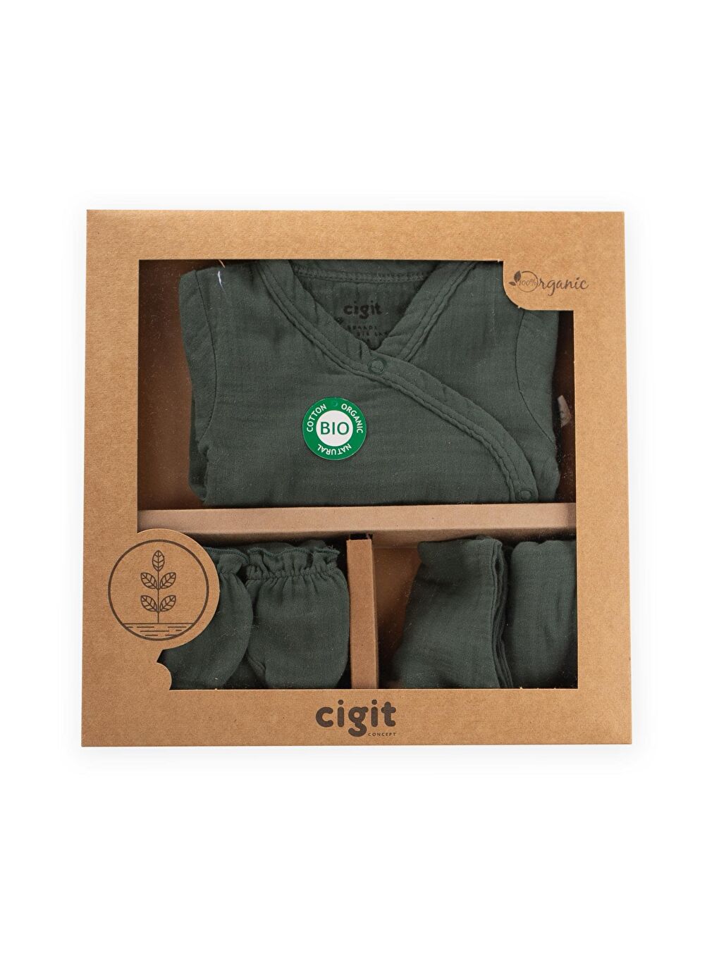 Organik Hastane Çıkışı Bebek Takımı 0-3 Ay Haki Yeşil