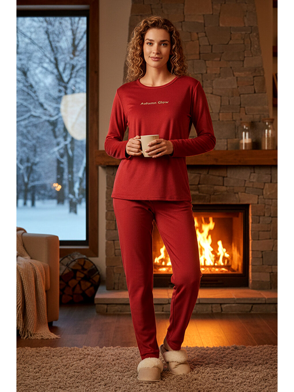 Kadın Kadife Kumaş Pijama Takımı 13165-2892 Kırmızı-3