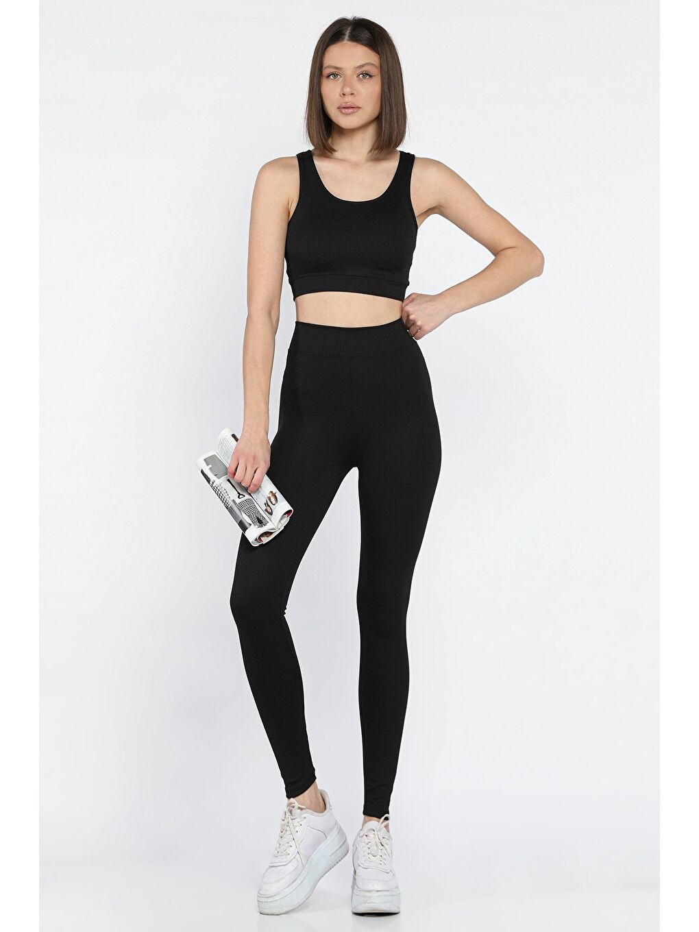 Siyah Kadın Kalın Askılı Fitilli Crop Yüksek Bel Sporcu Tayt İkili Takım-1