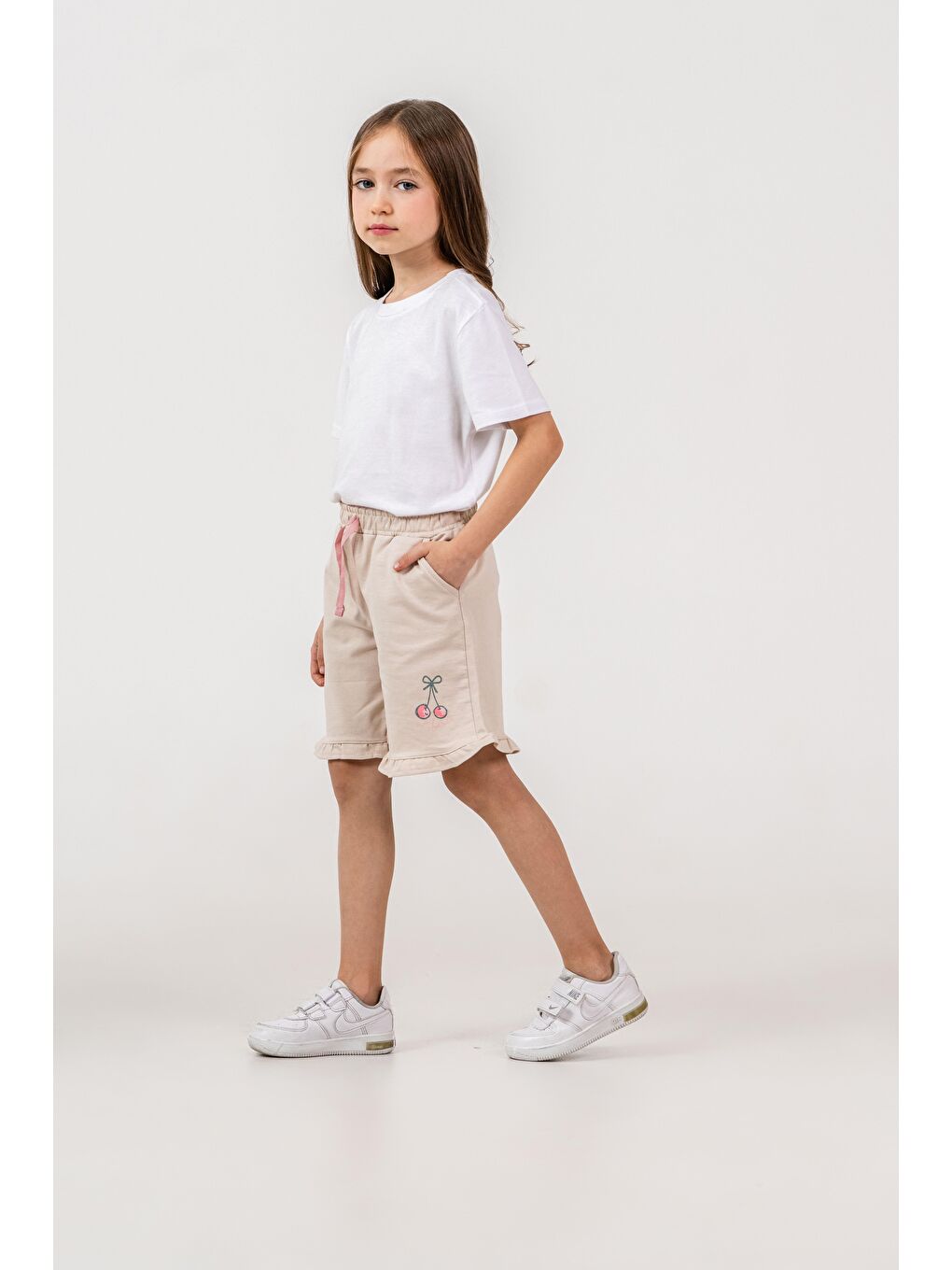 Bej Fırfırlı Kiraz Baskılı Kız Çocuk Şort-2