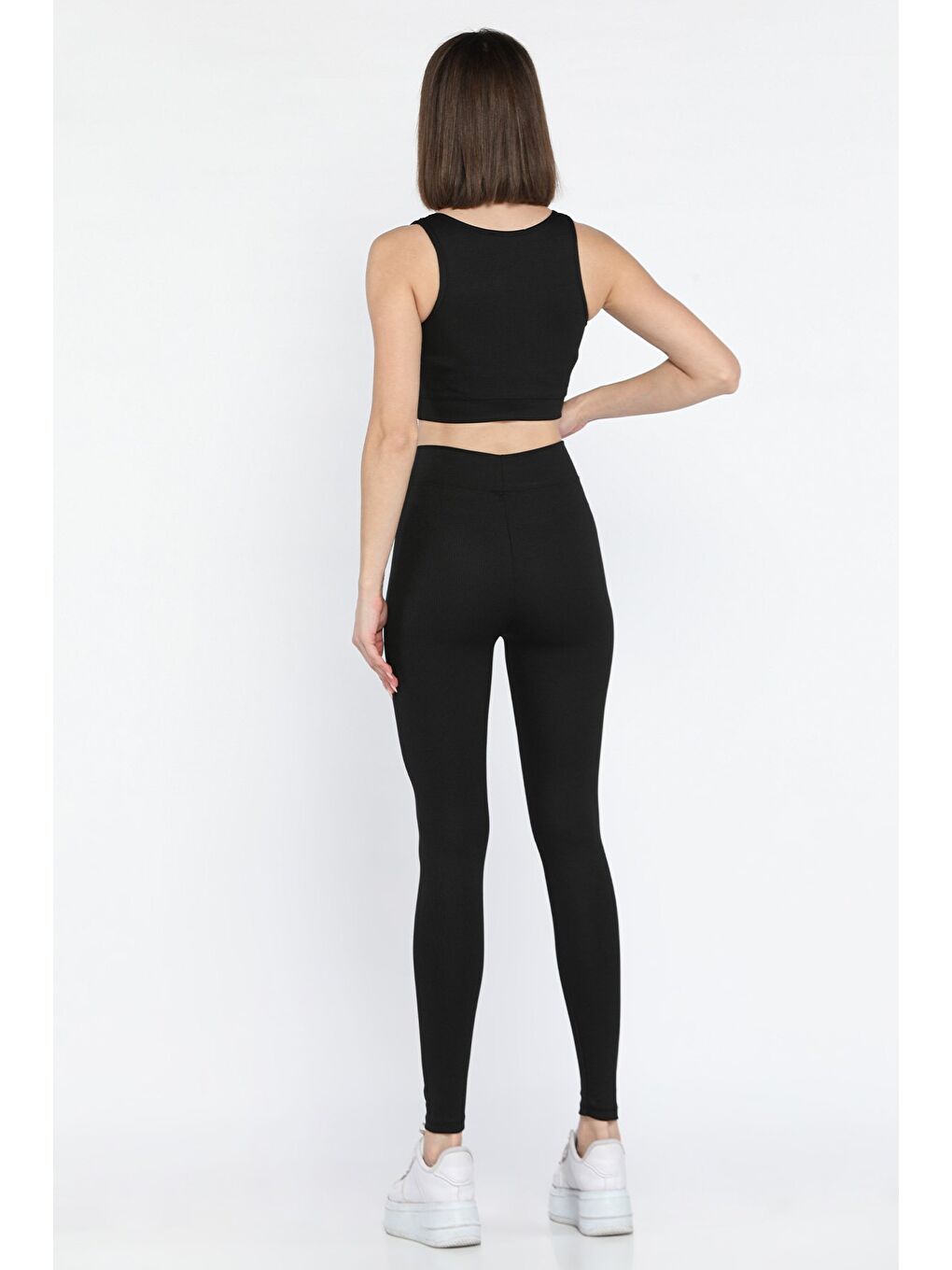 Siyah Kadın Kalın Askılı Fitilli Crop Yüksek Bel Sporcu Tayt İkili Takım-2