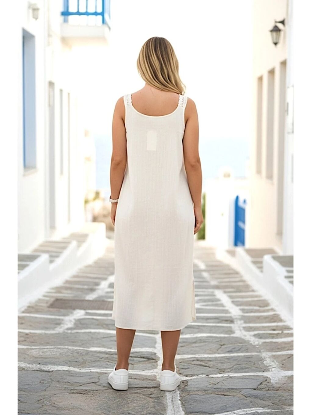 Ekru Askılı Askısı Dantelli Keten Elbise-1