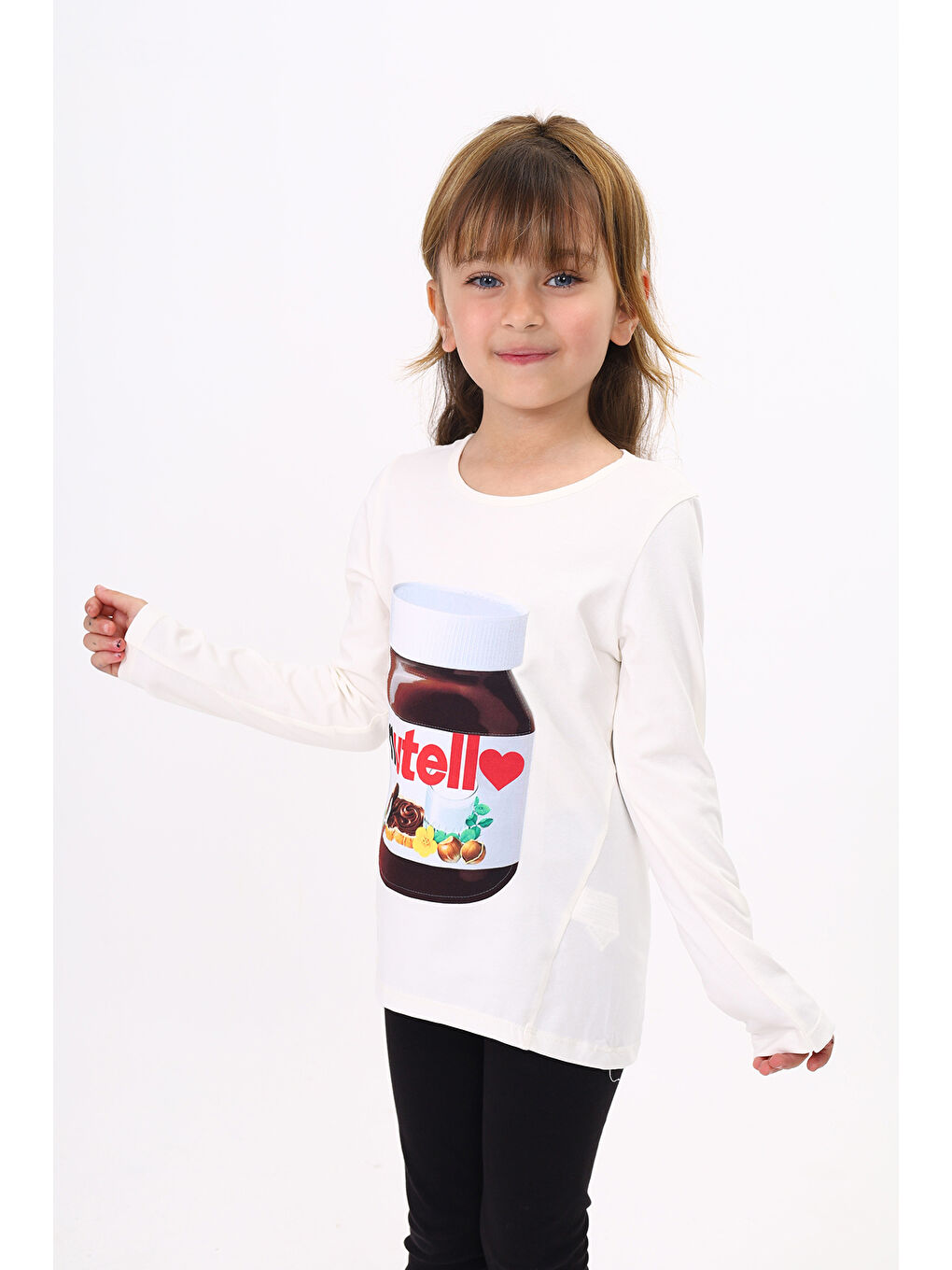 Ekru Kız Çocuk Nutella Baskılı T-Shirt-1
