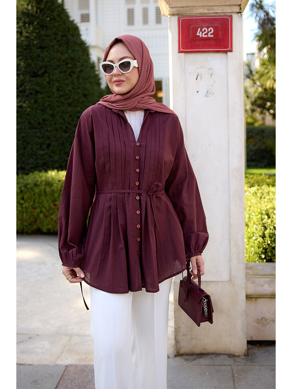 Kadın Önü Pile Detay Vual Gömlek Bordo-1
