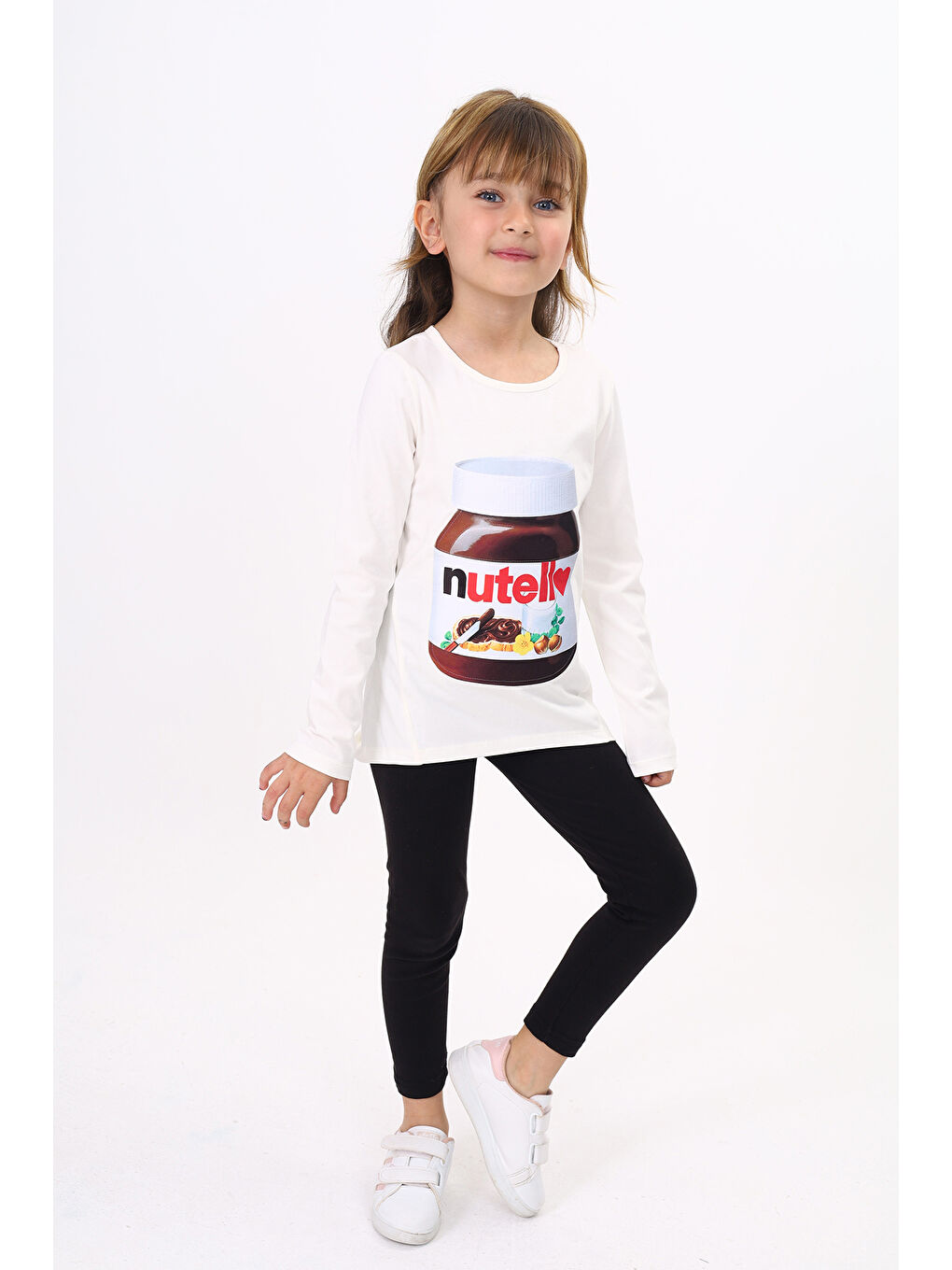 Ekru Kız Çocuk Nutella Baskılı T-Shirt-2
