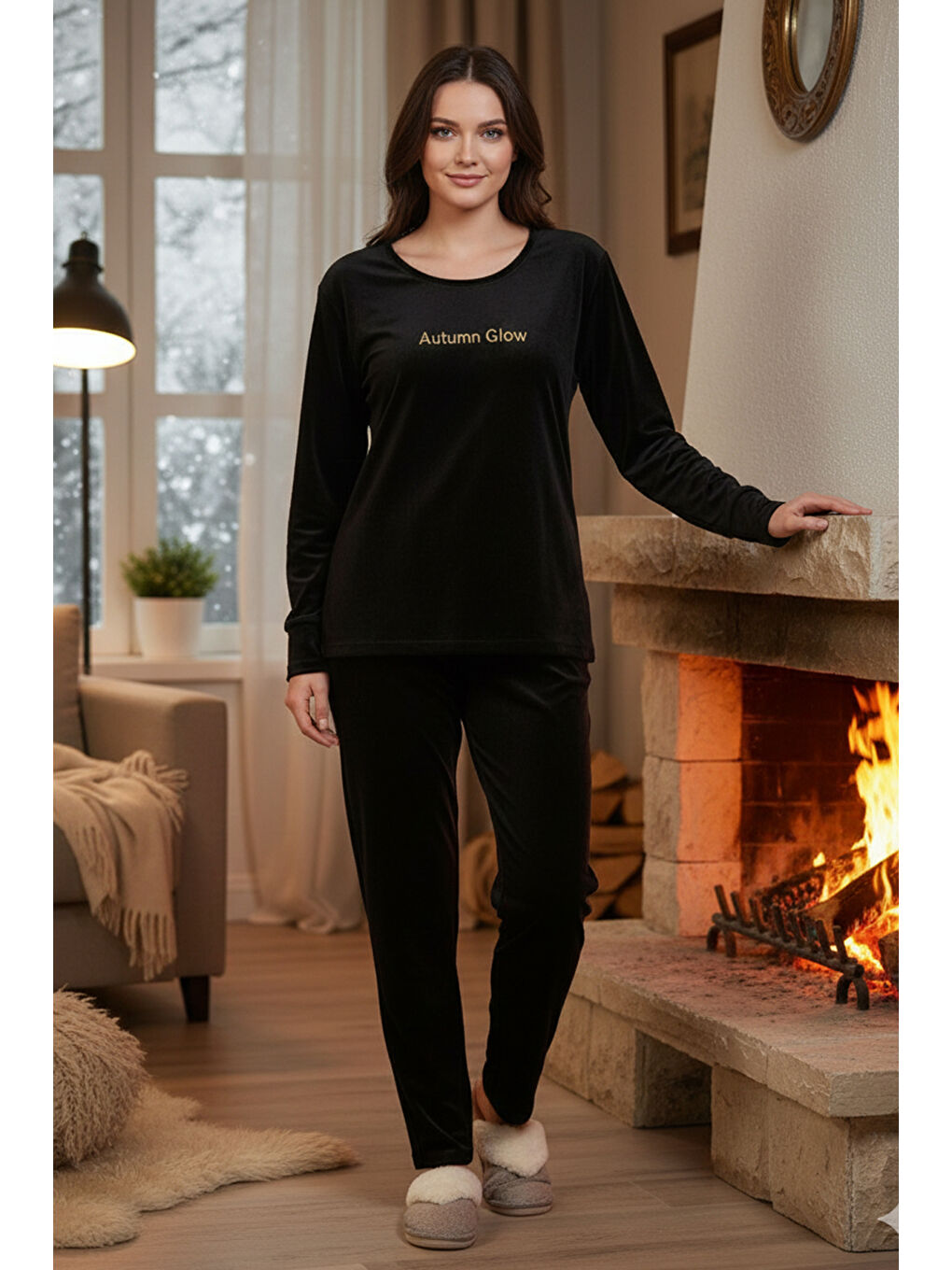 Kadın Kadife Kumaş Pijama Takımı 13165-2967 Siyah-1