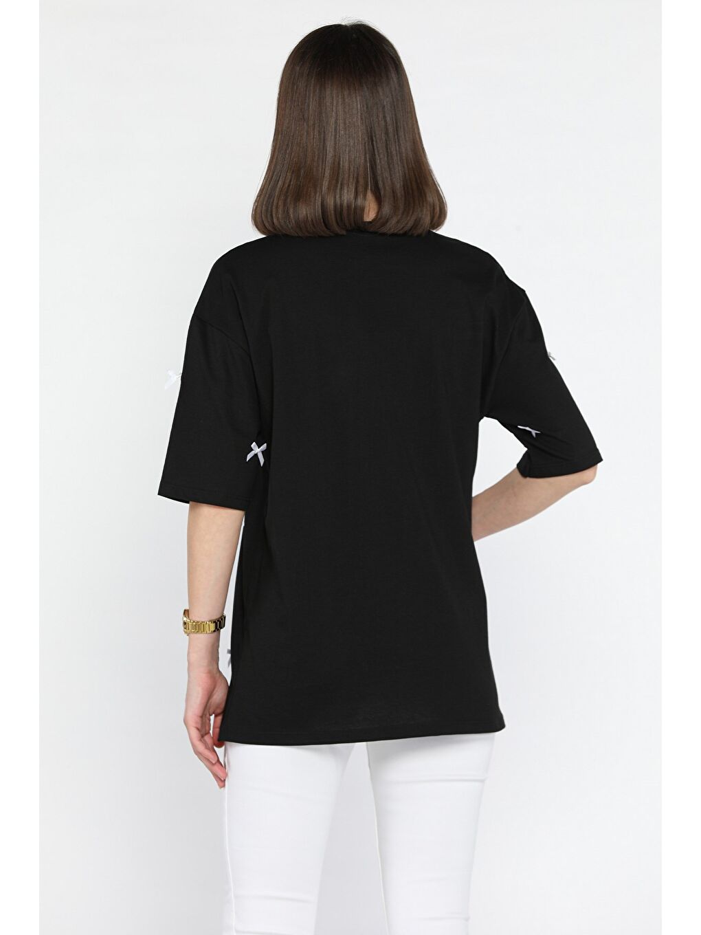 Siyah Kadın Bisiklet Yaka Fiyonklu Tişört-2