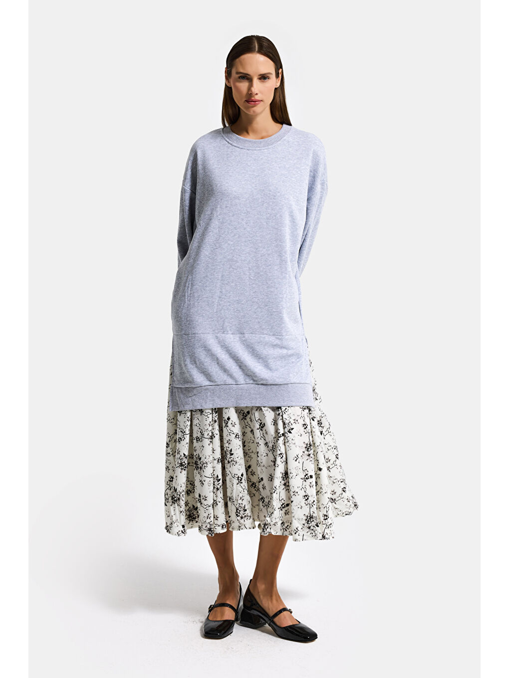 Kadın Gri w5 Sweatshirt Etek Tek Parça Tasarım Elbise-5