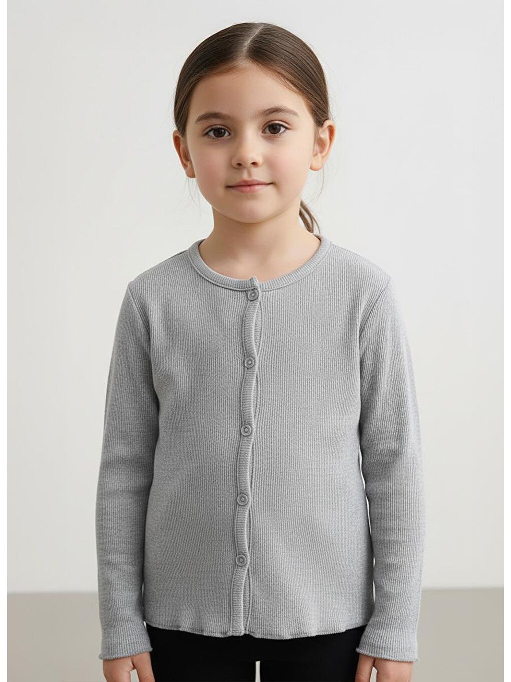 Gri Kız Çocuk Fitilli %100 Pamuklu Düğmeli Hırka