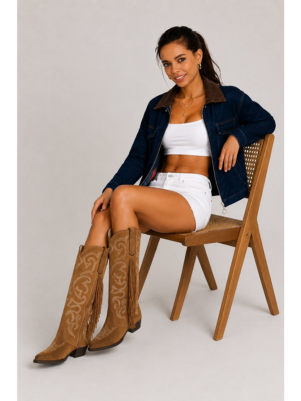 Kadın Lacivert Denim Ceket Süet Yaka Fermuarlı Cepli Desenli Jean Ceket-3