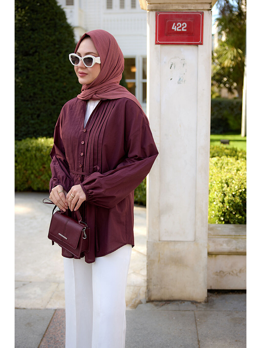 Kadın Önü Pile Detay Vual Gömlek Bordo-2