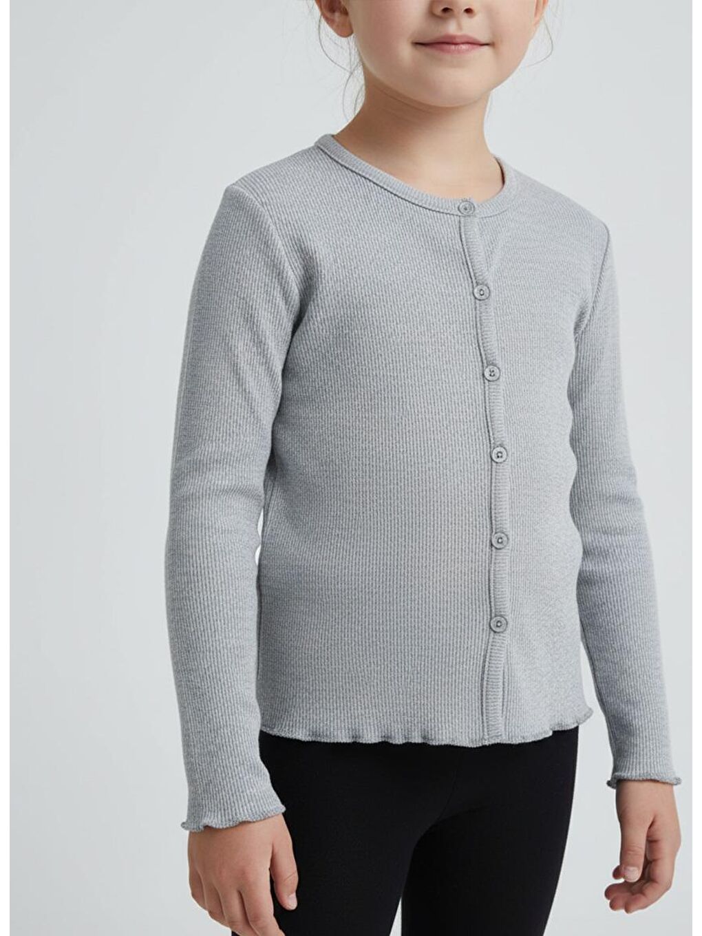 Gri Kız Çocuk Fitilli %100 Pamuklu Düğmeli Hırka-2