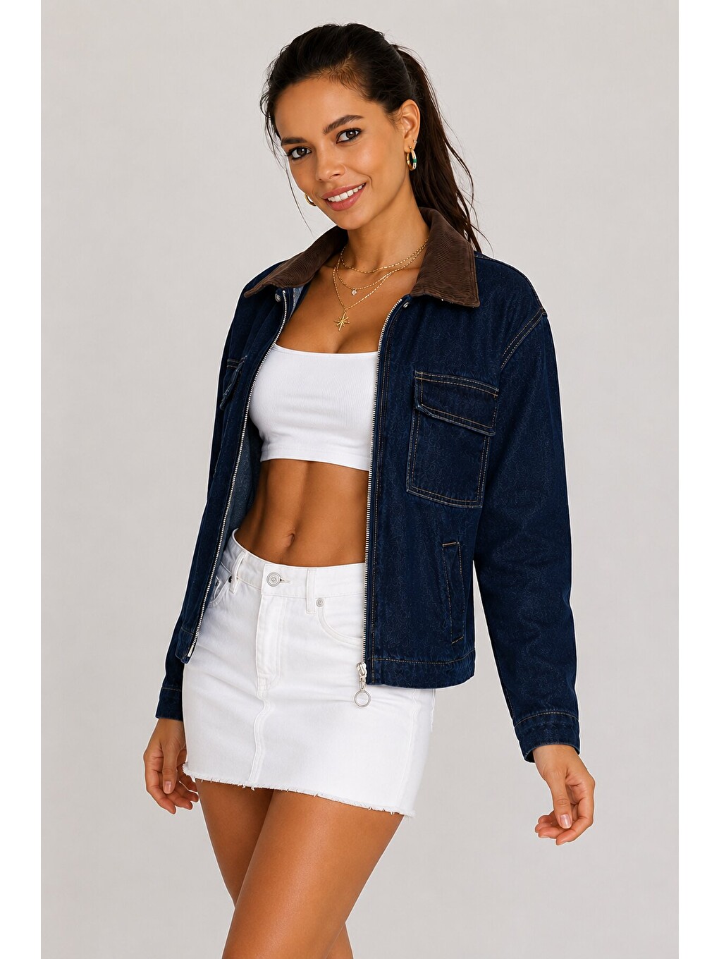 Kadın Lacivert Denim Ceket Süet Yaka Fermuarlı Cepli Desenli Jean Ceket-4