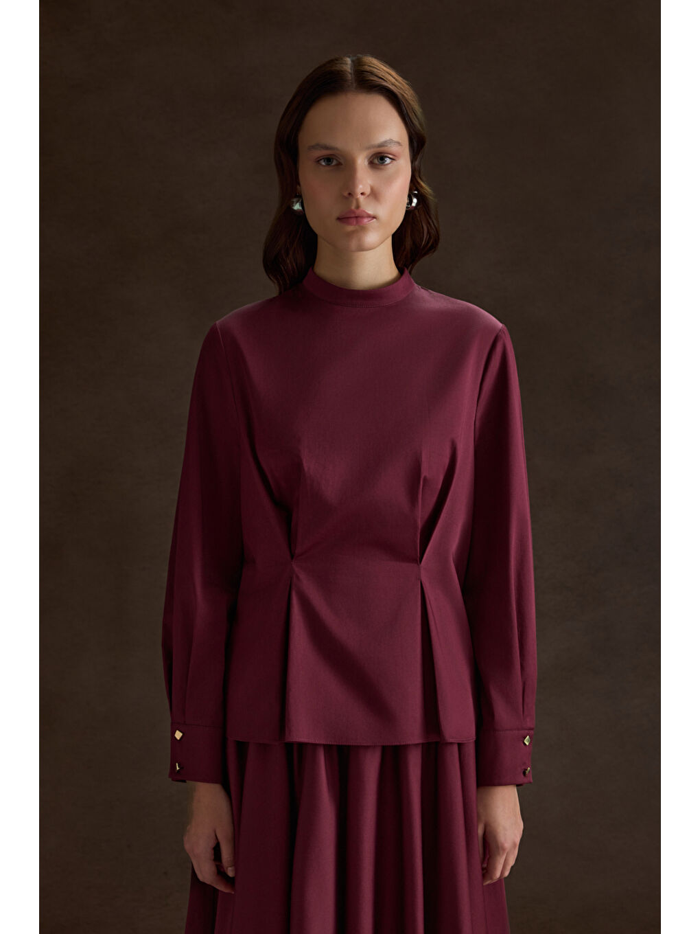 Bordo Beli Pili Detaylı Pamuk Bluz