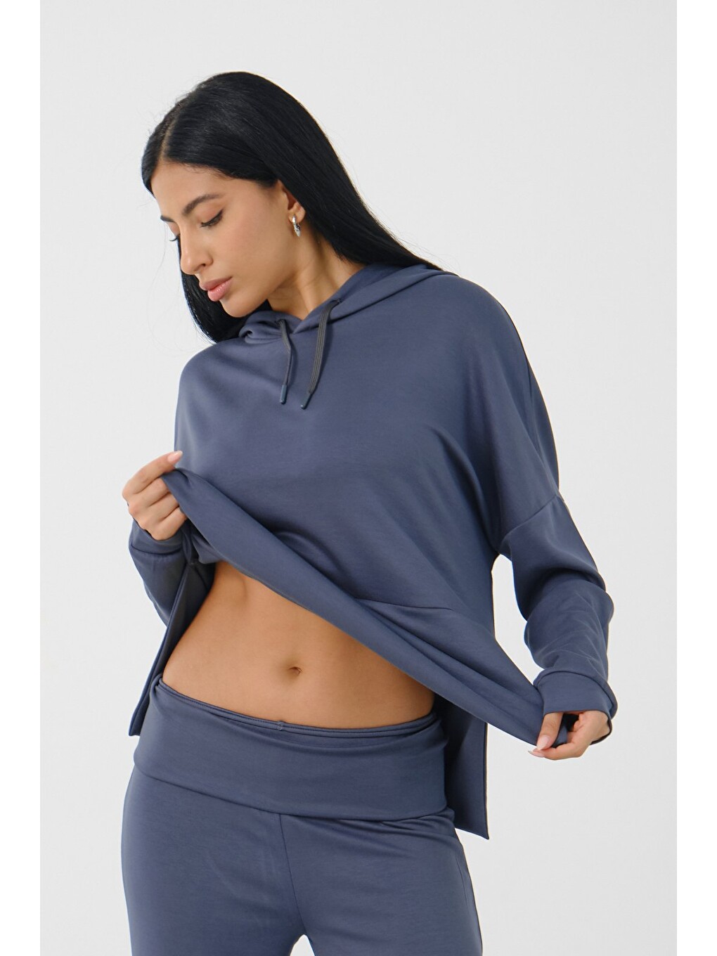 Gri Füme Kadın Kapüşonlu Salaş Takım Oversize Sweat ve Geniş Paça Alt-3