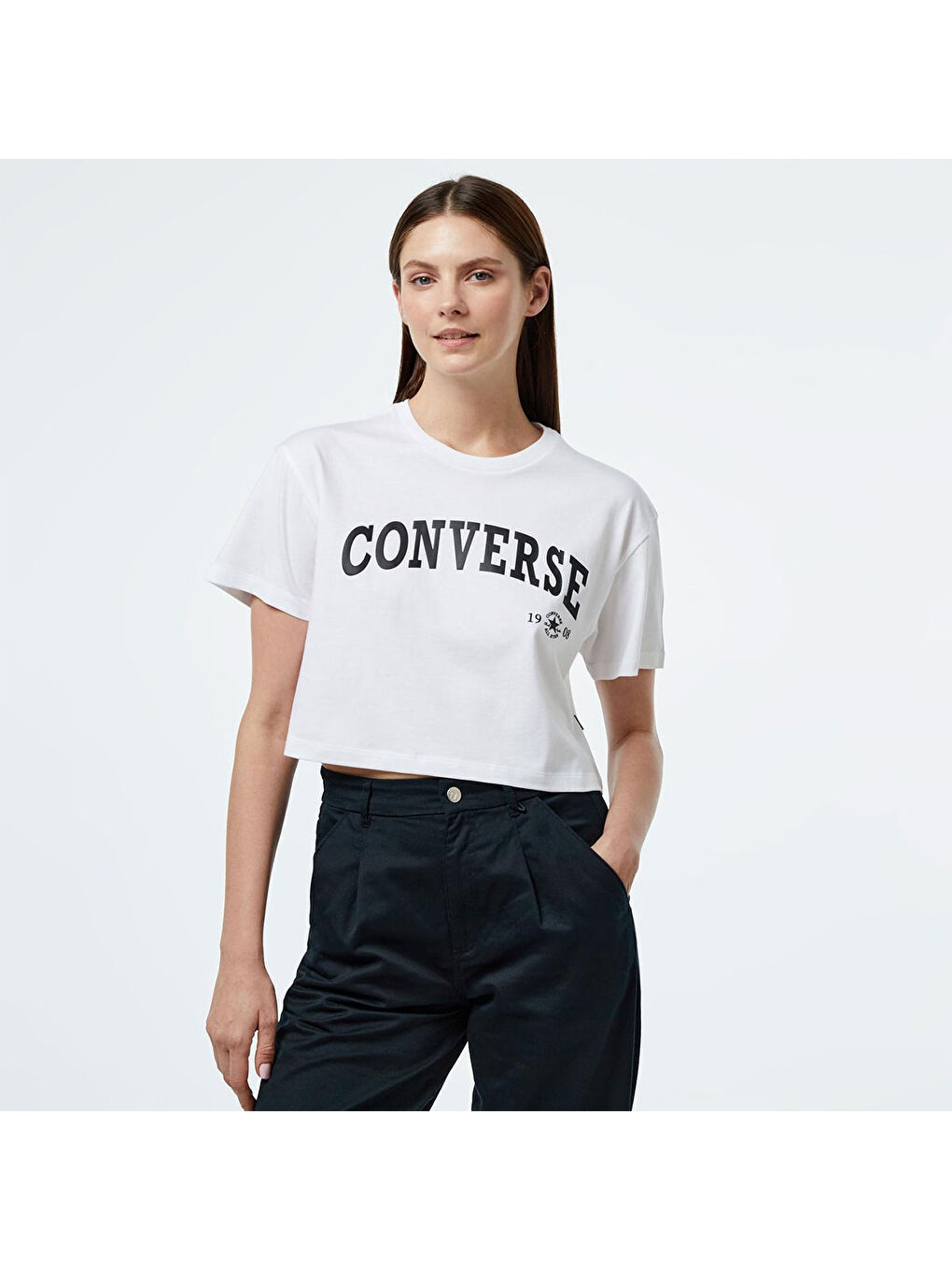 Collegiate Cropped Kadın Beyaz Bisiklet Yaka Tişört