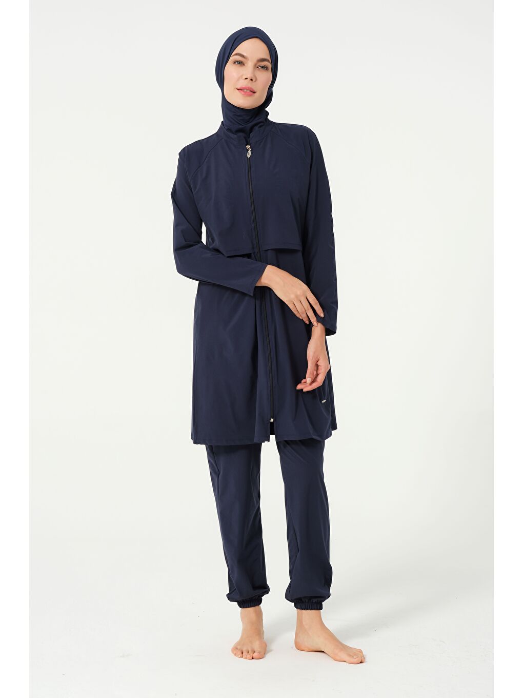 Lacivert Kadın Fermuarlı Kapalı Dik Yaka Lastikli Paça Hızlı Kuruyan Tesettür Mayo