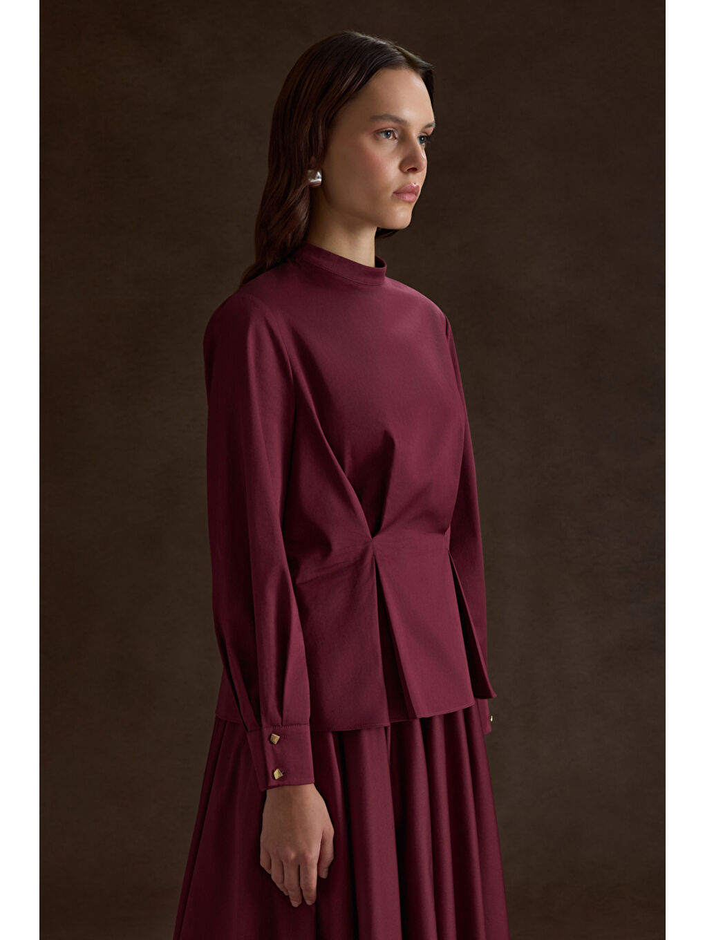 Bordo Beli Pili Detaylı Pamuk Bluz-1