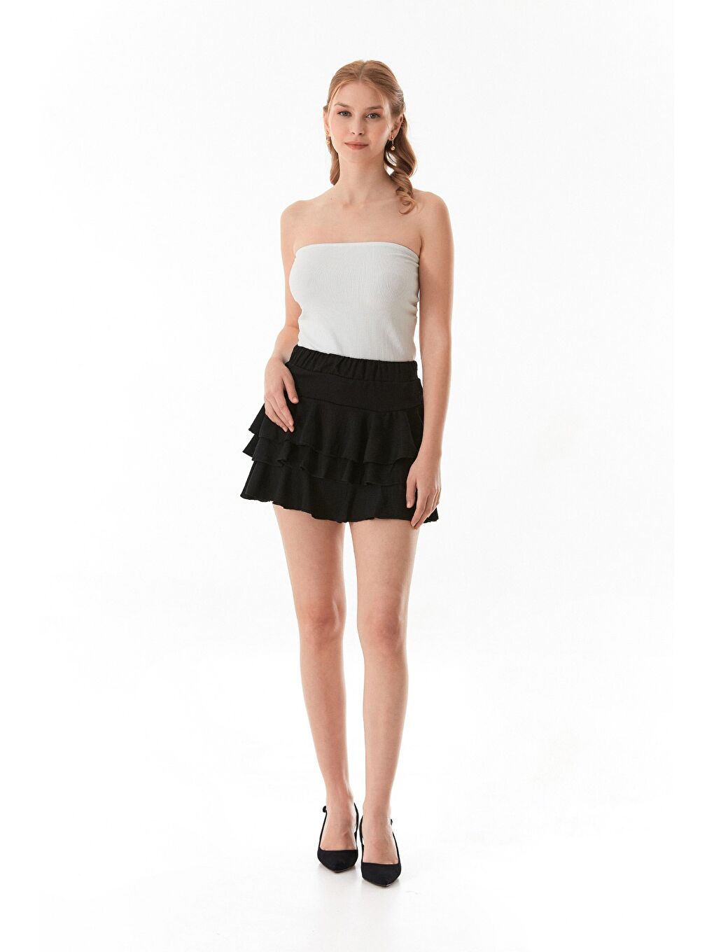 Siyah Bürümcük Kumaş Fırfırlı Şort Etek-1