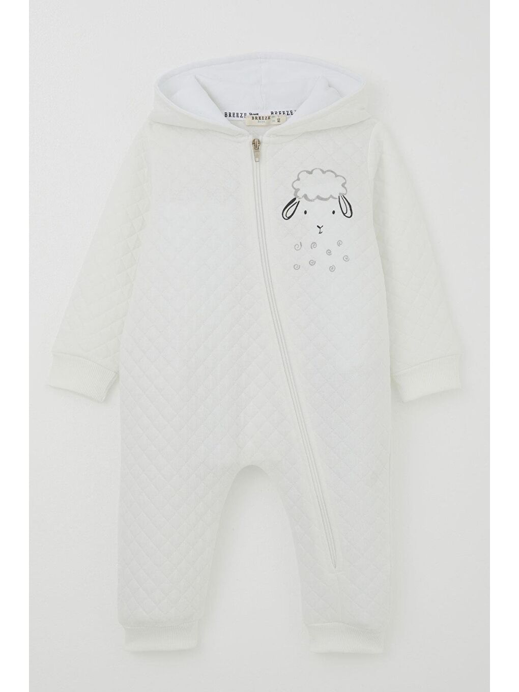 Erkek Bebek Tulum Kapitone Desenli Sevimli Kuzucuk Baskılı Kapüşonlu Ekru (4 Ay-1.5 Yaş)