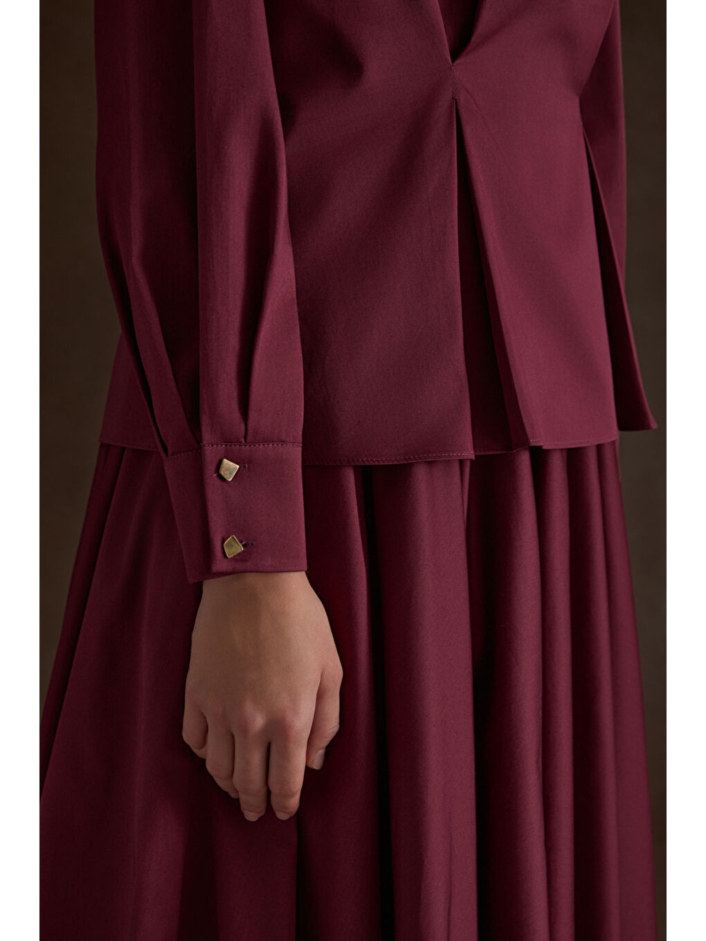 Bordo Beli Pili Detaylı Pamuk Bluz-2