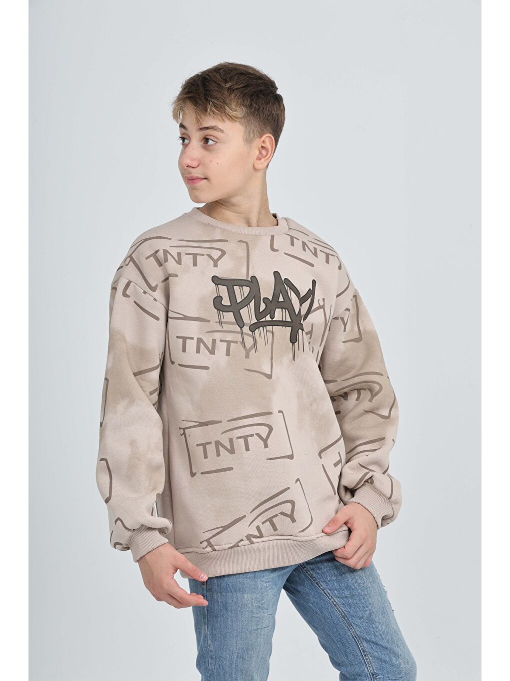 Bej Erkek Çocuk Play Baskılı Sweatshirt