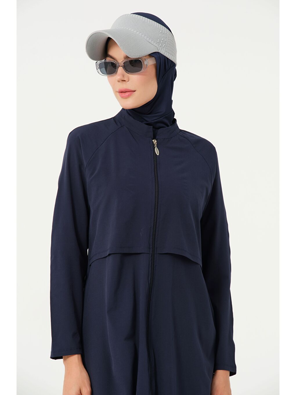Lacivert Kadın Fermuarlı Kapalı Dik Yaka Lastikli Paça Hızlı Kuruyan Tesettür Mayo-1