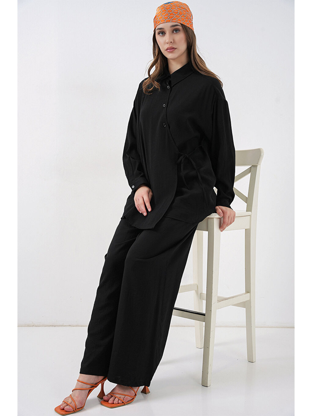 Kadın Bağcıklı Tunik Pantolon İkili Takım 6752 - Siyah-1