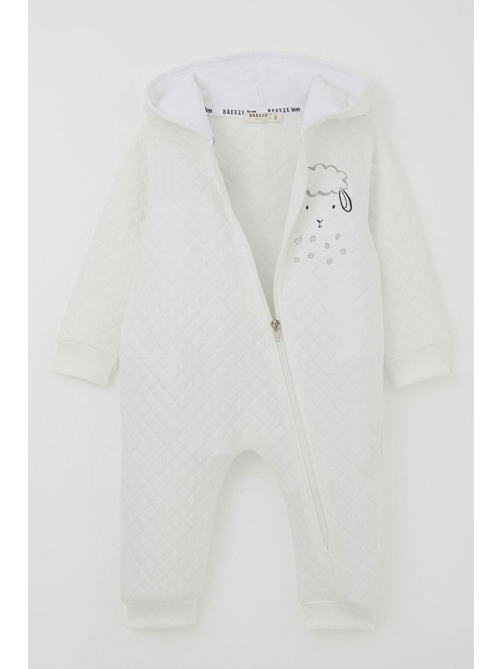 Erkek Bebek Tulum Kapitone Desenli Sevimli Kuzucuk Baskılı Kapüşonlu Ekru (4 Ay-1.5 Yaş)-1