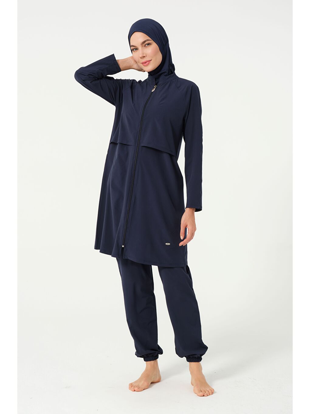 Lacivert Kadın Fermuarlı Kapalı Dik Yaka Lastikli Paça Hızlı Kuruyan Tesettür Mayo-2