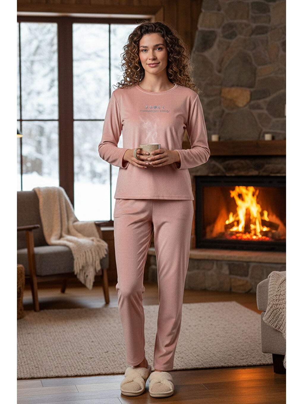 Pembe Kadın Kadife Kumaş Pijama Takımı 13165-2539 Somon-1