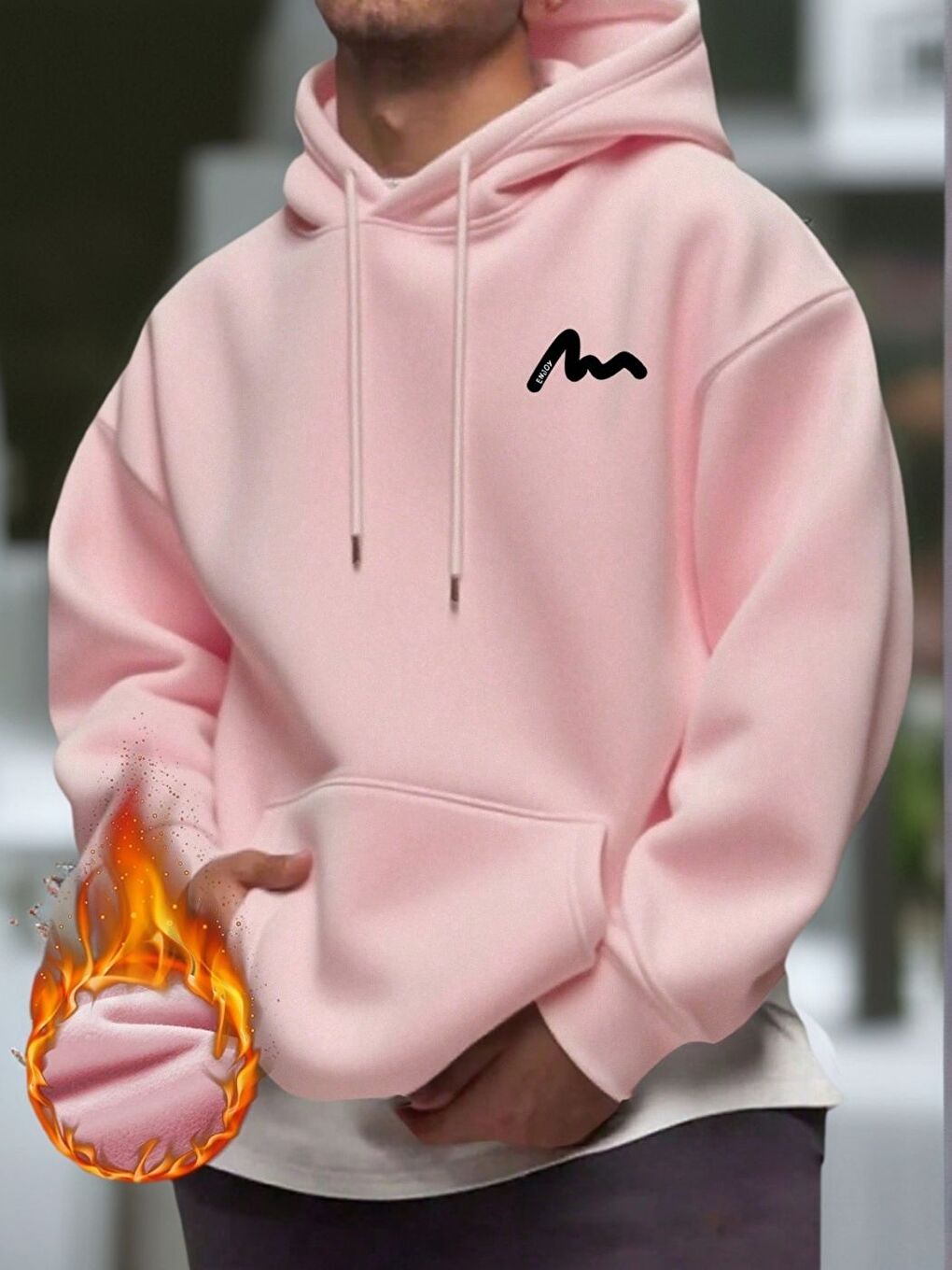 Pembe Enjoy Baskılı Kapüşonlu Oversize Sweatshirt