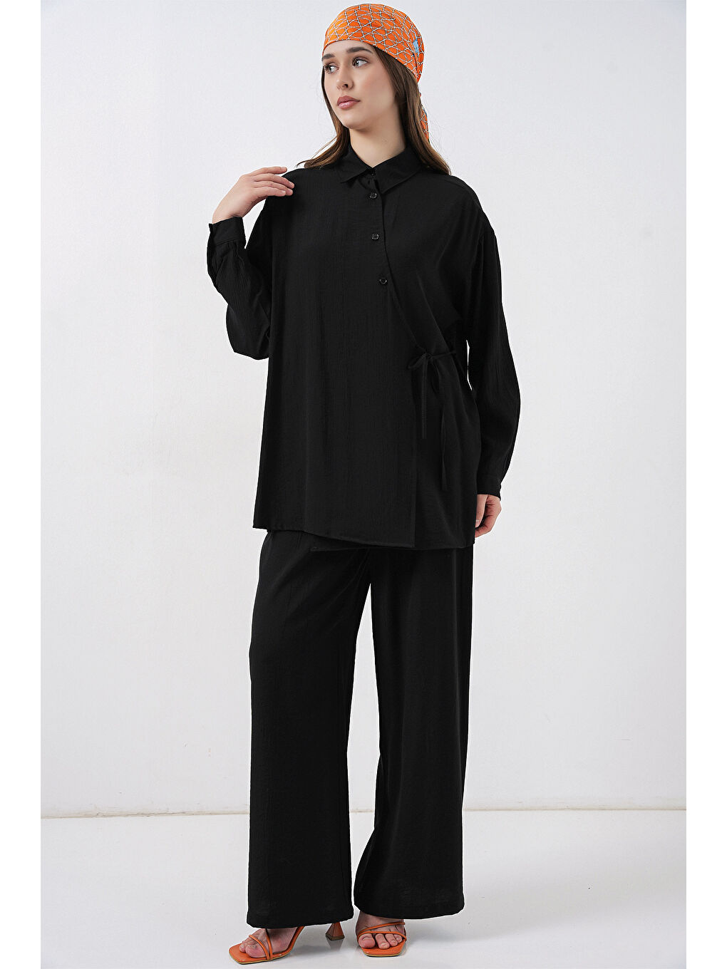 Kadın Bağcıklı Tunik Pantolon İkili Takım 6752 - Siyah-2