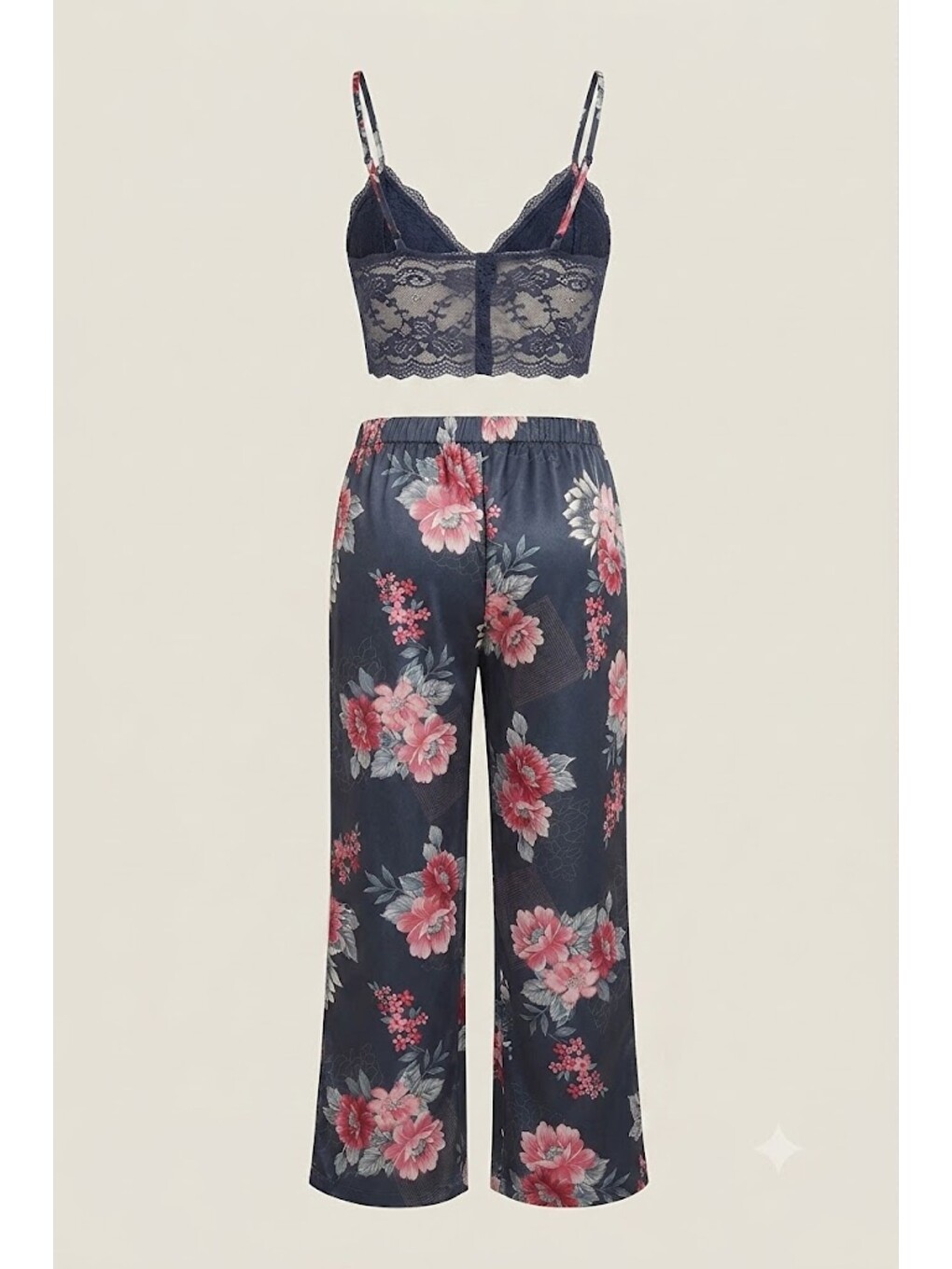 045 Kadın Desenli 3 Lü Saten Pijama Takım İndigo-1