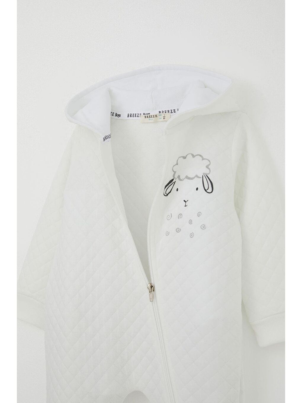 Erkek Bebek Tulum Kapitone Desenli Sevimli Kuzucuk Baskılı Kapüşonlu Ekru (4 Ay-1.5 Yaş)-3