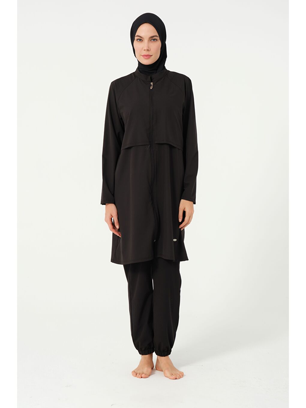 Siyah Kadın Fermuarlı Kapalı Dik Yaka Lastikli Paça Hızlı Kuruyan Tesettür Mayo