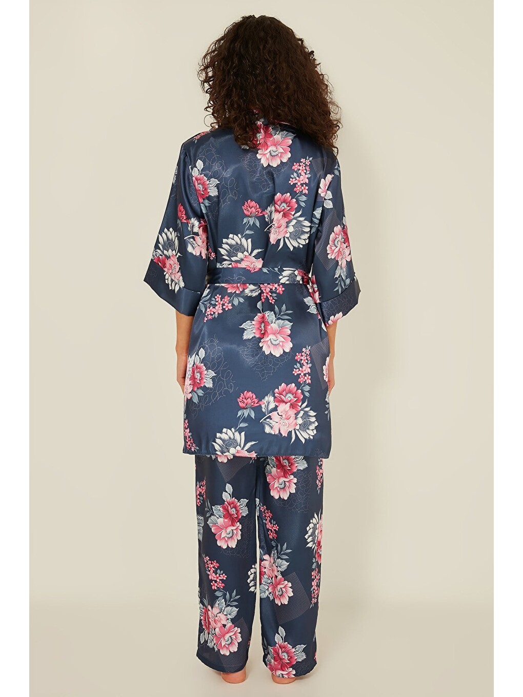 045 Kadın Desenli 3 Lü Saten Pijama Takım İndigo-2