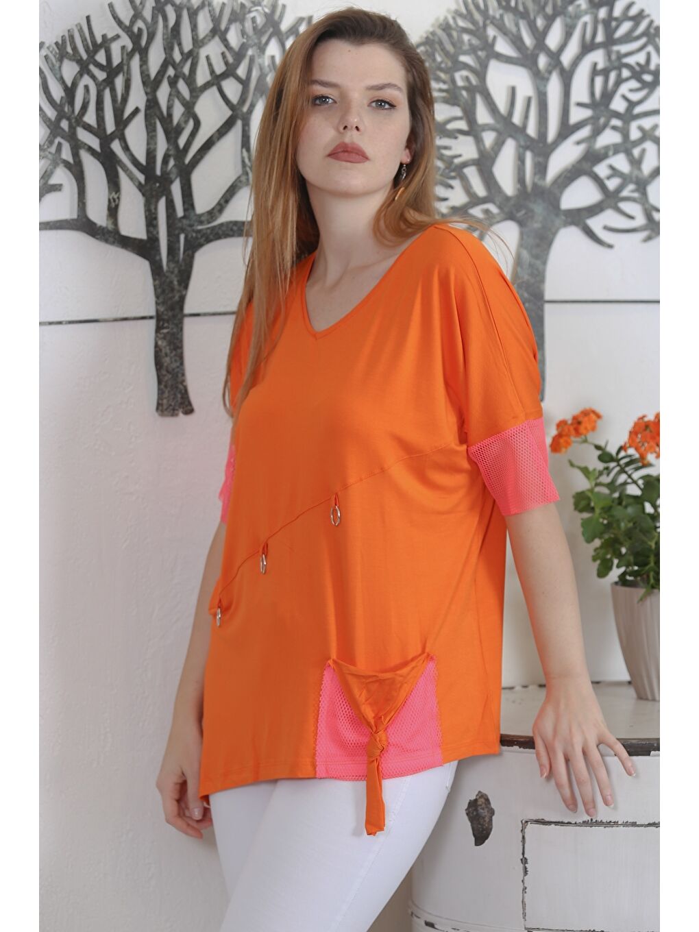 Turuncu V Yaka Kısa Kol Cepli Meşli Casual Örme Bluz-2