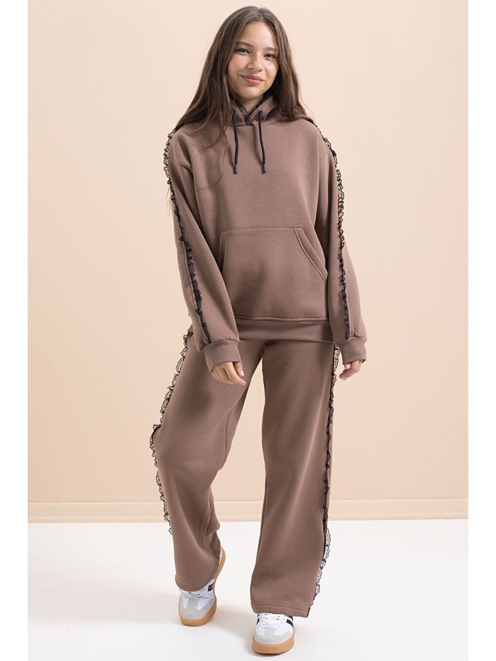 Kahverengi Kız Çocuk Şardonlu Dantel Detaylı 3 İplik Takım 21505