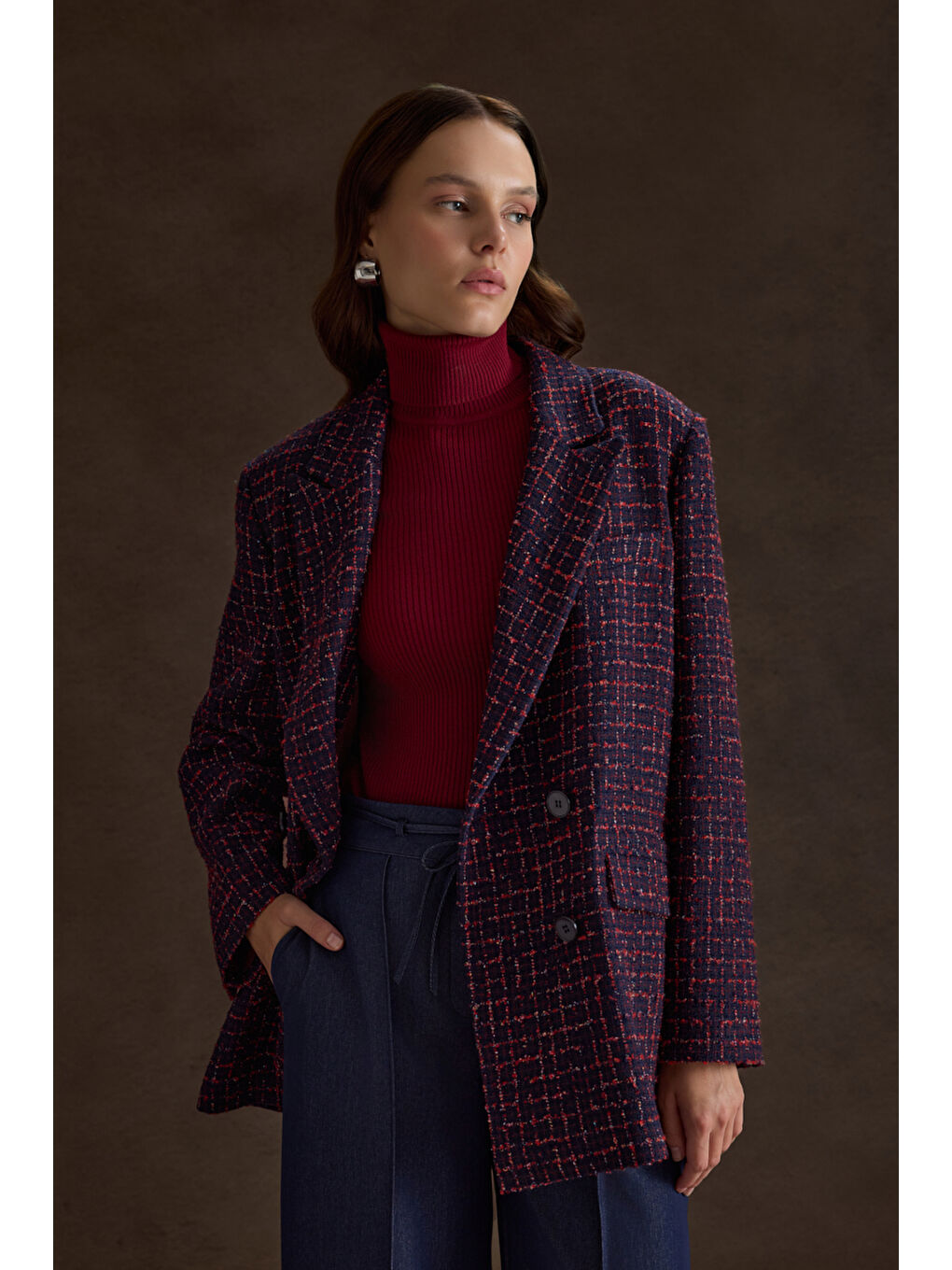 Lacivert Ekose Tweed Kumaş Kruvaze Ceket