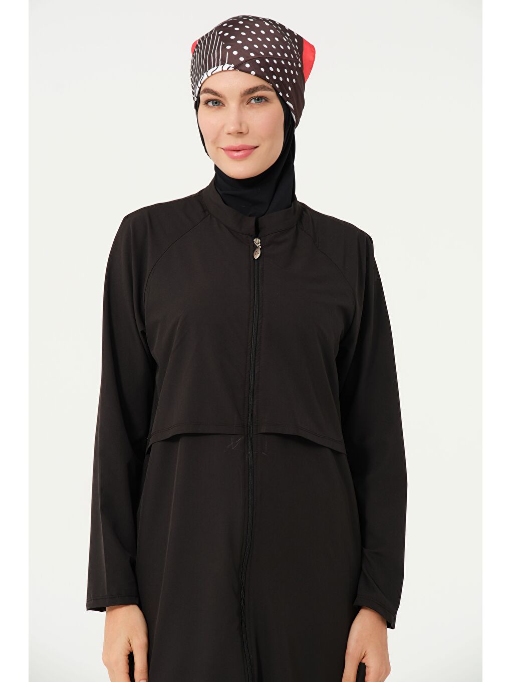 Siyah Kadın Fermuarlı Kapalı Dik Yaka Lastikli Paça Hızlı Kuruyan Tesettür Mayo-1