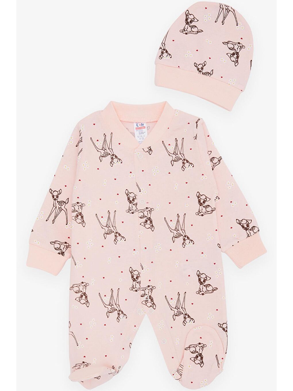 Pembe Kız Bebek Patikli Tulum Bahar Temalı Ceylancık Desenli Pudra (4-6 Ay)