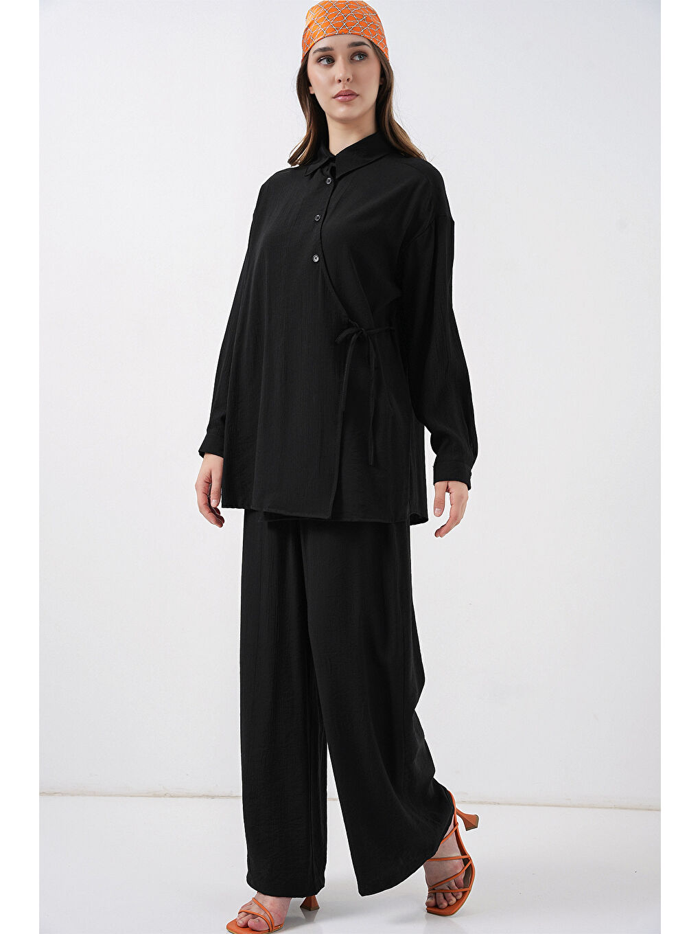 Kadın Bağcıklı Tunik Pantolon İkili Takım 6752 - Siyah-3