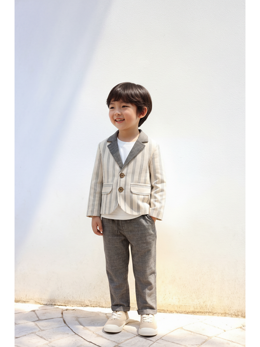 Karışık Erkek Çocuk Ekru Çizgili Blazer Ceket Gri Pantolon Ve T Shirt Takım