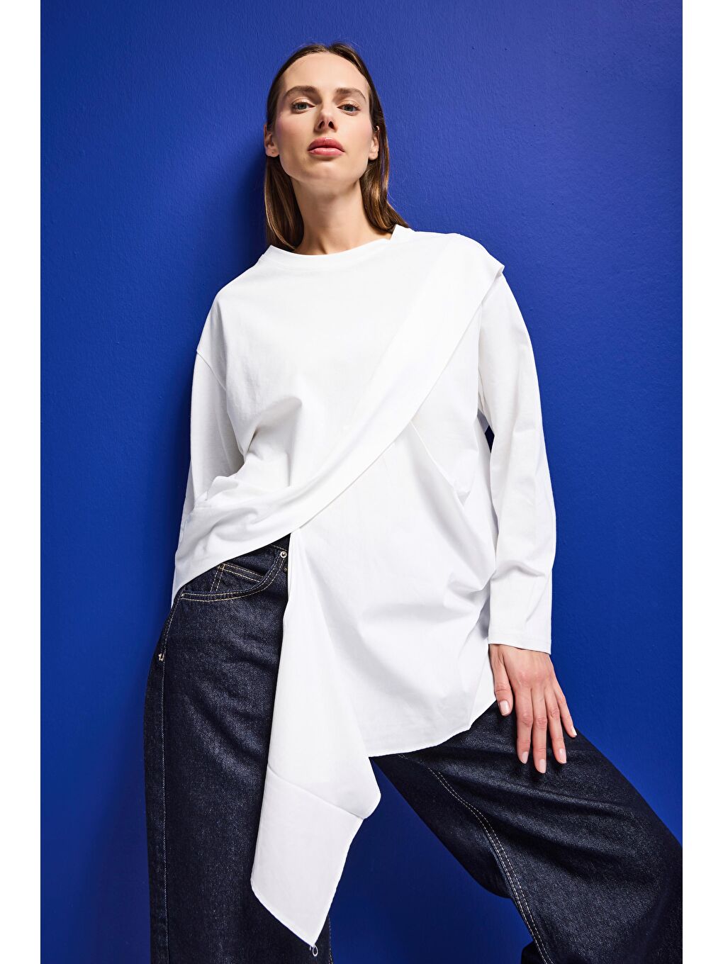 Kadın Beyaz w5 Oversize Çift Parça Tasarım Gömlek Sweatshirt-2