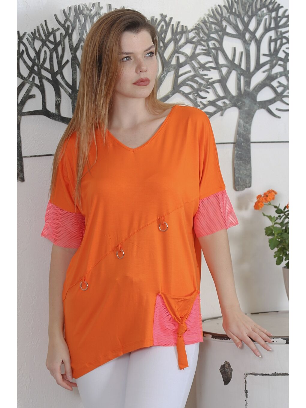 Turuncu V Yaka Kısa Kol Cepli Meşli Casual Örme Bluz-3