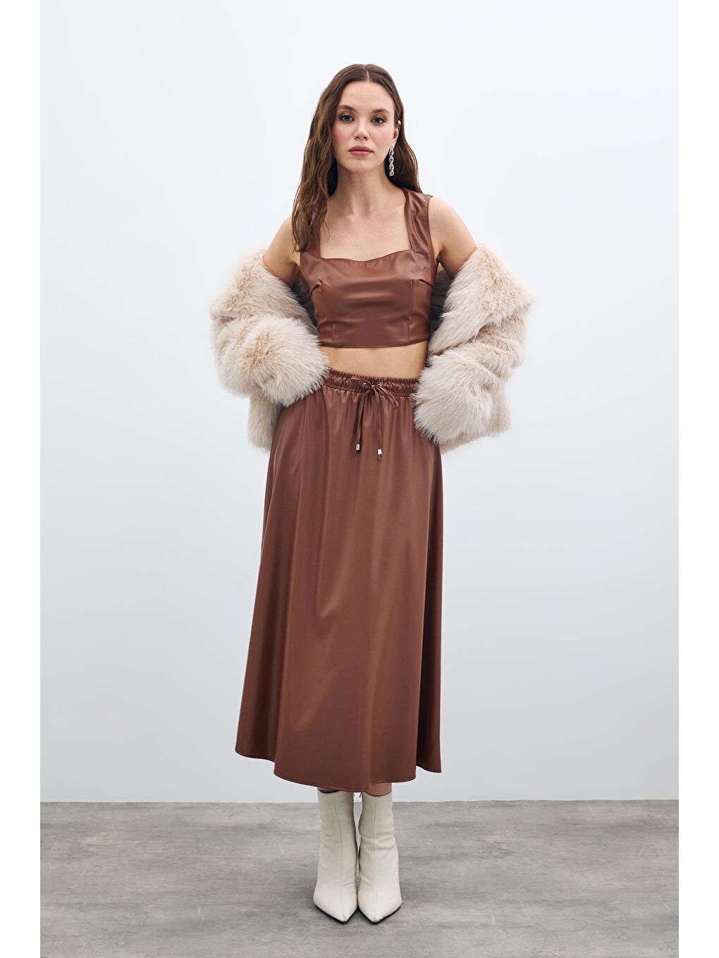 Kahverengi Bel Lastikli Deri Etek - Kahve-2