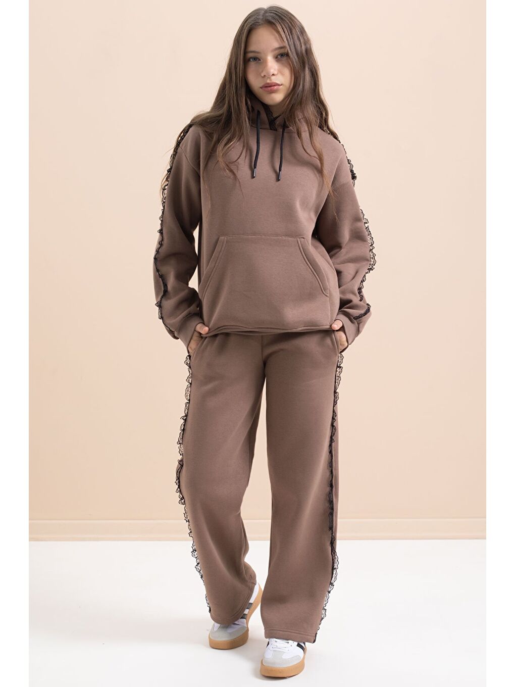 Kahverengi Kız Çocuk Şardonlu Dantel Detaylı 3 İplik Takım 21505-1